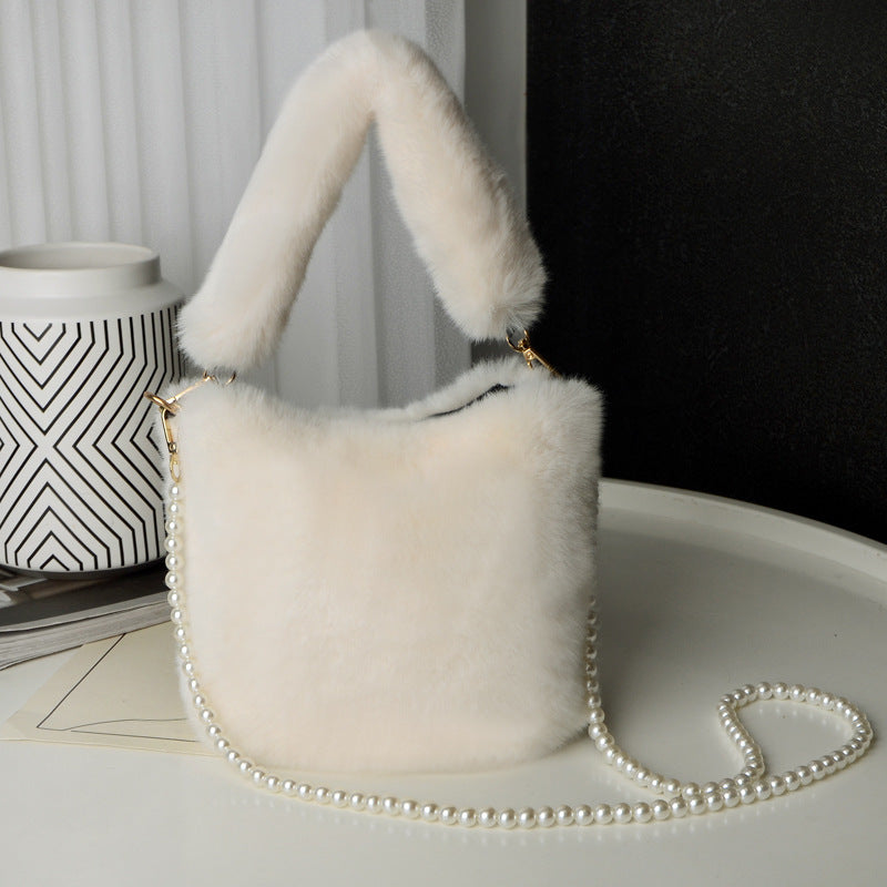 Checkerboard Plush Bucket Bag With Pearl Chain Design