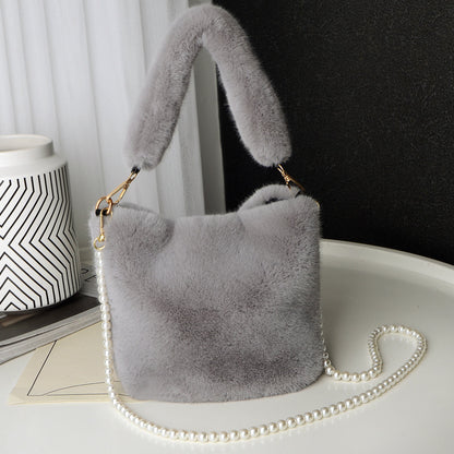 Checkerboard Plush Bucket Bag With Pearl Chain Design