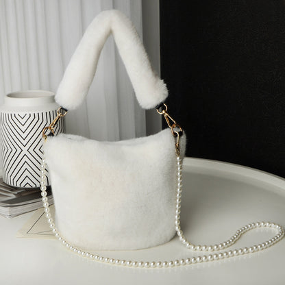 Checkerboard Plush Bucket Bag With Pearl Chain Design