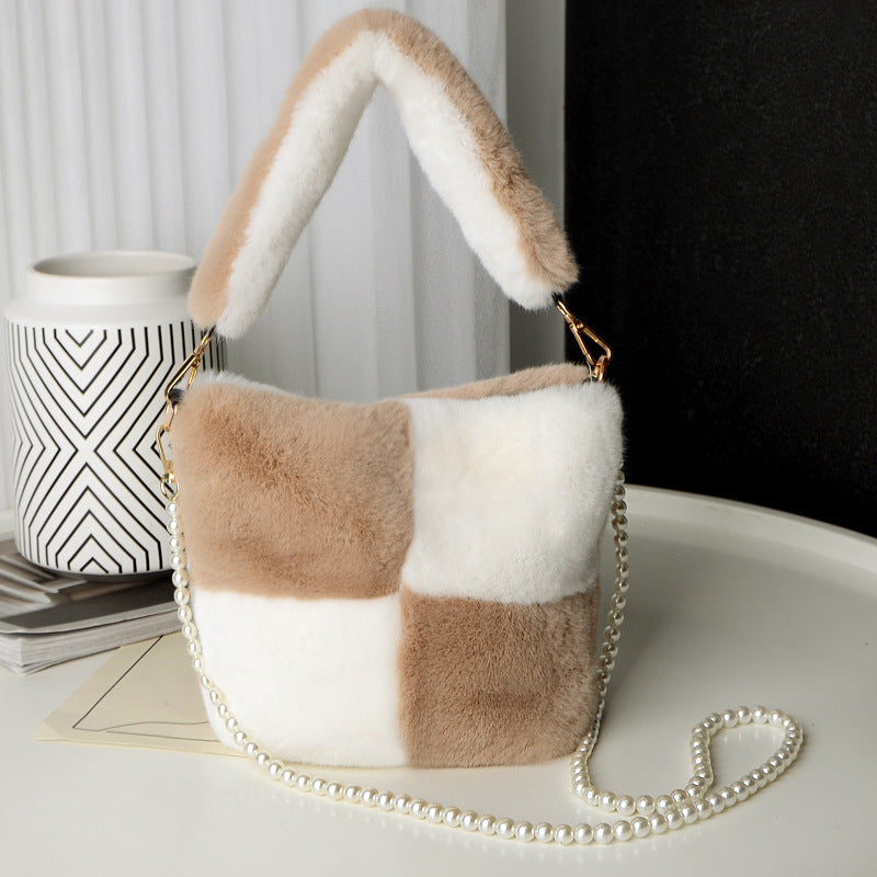 Checkerboard Plush Bucket Bag With Pearl Chain Design