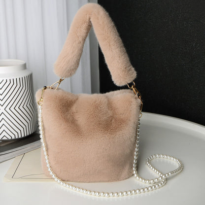 Checkerboard Plush Bucket Bag With Pearl Chain Design